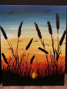 a painting of some grass in front of a sunset