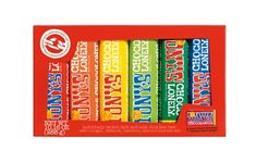 an assortment of candy bars in a red box