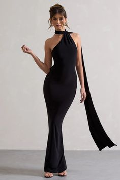 Miss Black One Shoulder Backless Maxi Dress With Scarf – Club L London - USA Backless Dress Formal Classy, Maxi Dress With Scarf, Black Asymmetrical Dress, Dress With Scarf, Black Backless Dress, Club L London, Backless Maxi Dress, New Years Eve Dresses, Eve Dresses