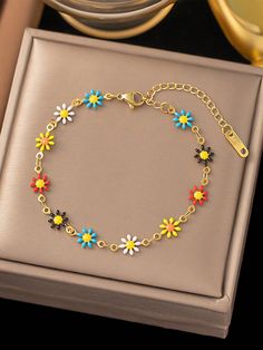 1pc Women Stainless Steel Colorful Daisy Flower Chain Bracelet, Fashion Daily Wear Jewelry Gift, Without Gift Box Multicolor    Stainless Steel     Women Fashion Jewelry, size features are:Bust: ,Length: ,Sleeve Length: Diasy Chain Bracelet, Flower Chain, Daily Wear Jewellery, Bracelet Fashion, Watches Women Fashion, Daisy Flower, Womens Bracelets, Chain Bracelet, Womens Watches