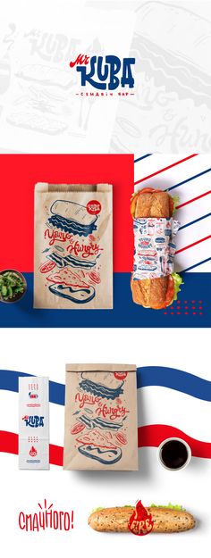 an advertisement for a sandwich and some other items on the side of a flag background