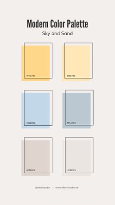 the modern color palette for sky and sand is shown in four different colors, including blue, yellow, gray, and white