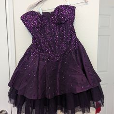 Beautiful Short Purple Sequin Tulle Dress, It Is Strapless With A Corset Top. Dresses Short Summer, Purple Homecoming, Purple Homecoming Dress, Purple Corset, Summer Cocktail Dress, Summer Cocktail, Pretty Prom Dresses, Beautiful Shorts, Dresses Short