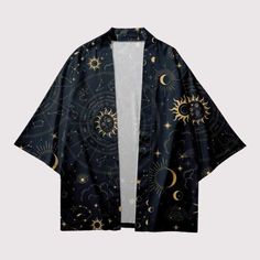 Shine Like the Stars in the Black & Gold Haori Jacket The Black & Gold Haori Jacket is a stunning fusion of traditional Japanese fashion and celestial design. The intricate moon, sun, and astrology stars print add a touch of mystique and elegance to the jacket, while the black and gold color palette exudes sophistication and style. The lightweight and breathable fabric ensures maximum comfort during warm weather, while the loose-fitting design allows for ease of movement. The jacket is versatile Star Haori, Moon And Sun Outfit, Moon Haori, Astro Academia, Haori Ideas, Haori Design, Traditional Japanese Fashion, Haori Pattern, Men's Kimono