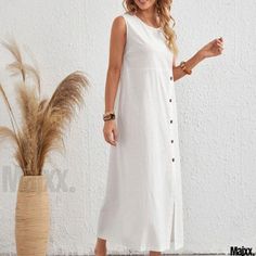 Sleeveless White Cotton Linen Maxi Dress with Round Neck and Button Detail Long Skirt Fashion, White Linen Dresses, Sleeveless Outfit, Cotton Linen Dresses, White Dresses For Women, Linen Maxi Dress, Crewneck Dress, Sleeveless Tunic, Daily Dress