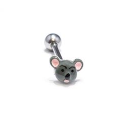 a black and white photo of a baby koala bear belly ring with pink ears