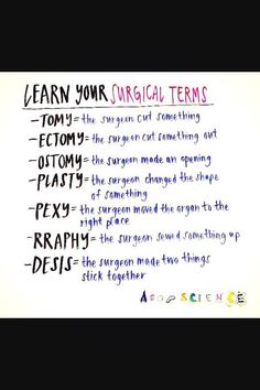 a whiteboard with writing on it that says learn your surgical terms and other words