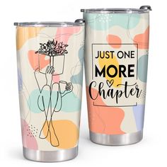 two stainless steel tumblers with the words just one more character on them and an image of a woman holding a flower