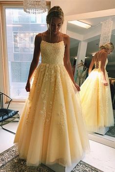 A Line Spaghetti Straps Long Prom Dress,Yellow Tulle Party Gown,WP002 Contour Fashion, Yellow Evening Dresses, Mermaid Bridesmaid, Dresses Beach, Prom Dresses Yellow, Elegant Prom, Wedding Vision, Lace Formal Dress, Lace Prom Dress