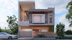 a car is parked in front of a two story house with balconies on the second floor