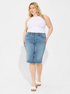 FIT Model is 5'9” wearing size 1. Measures 25” from waist to hem (size 2). . MATERIALS + CARE Denim woven fabric. . 99% cotton, 1% spandex. Machine wash cold. Dry low. Imported. DETAILS Button front. . Belt loops. Five pocket design. . The best plus size women's midi denim button front skirt skirts in light wash made of denim. Mid-rise Cotton Denim Skirt With Button Closure, Dark Wash Cotton Denim Skirt With Button Closure, Dark Wash Button Closure Denim Skirt, Light Wash Mid-rise Cotton Denim Skirt, Mid-rise Denim Skirt With Button Closure, High Rise Cotton Denim Skirt With Button Closure, Light Wash Cotton Denim Skirt With Button Closure, Mid-rise Light Wash Skirt With Button Closure, Light Wash Denim Skirt With Button Closure