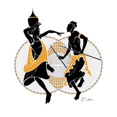 two silhouettes of men and women dancing in front of a wheel with an arrow