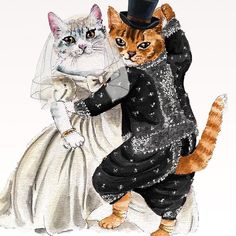 two cats dressed up in wedding clothes and hats, one wearing a top hat while the other wears a veil