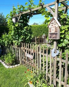 a bird house is hanging on a wooden trellis in the grass near a fence