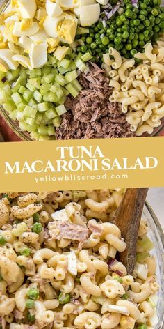 tuna macaroni salad in a glass bowl with a wooden spoon and text overlay that reads tuna macaroni salad