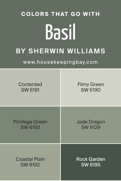 Colors that Go With Basil SW 6194 by Sherwin Williams Forest Green Paint Colors Sherwin Williams, Sherwin Williams Shades Of Green, Contented Green Sherwin Williams, Green Home Paint Color Schemes, Garden Sage Sherwin Williams, Green Walls With Green Trim, Sherwin Williams Basil Green, Sherwin Williams Willow Leaf, Sw Livable Green