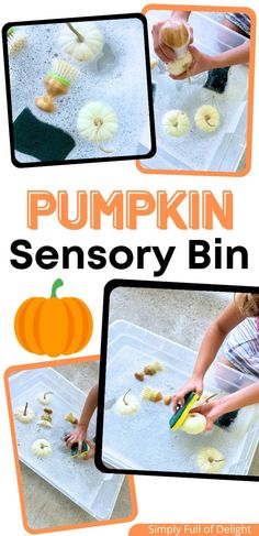 pumpkin washing sensory bin, fall sensory bin Washing Pumpkins, Easy Toddler Activities, Fall Activity, Halloween Games For Kids, Toddler Sensory