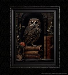 an owl sitting on top of a pile of books next to a rose and book