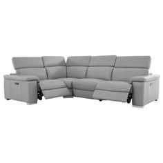 a gray leather sectional sofa with recliners on the back and footrests