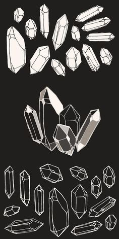 an assortment of different shapes and sizes of crystals on a black background with white lines