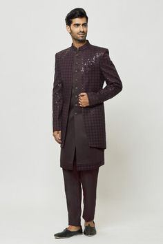 Dark wine art silk front-open sherwani with sequins and thread embroidery. Comes with dupion art silk aligadhi pant and a kurta. - Aza Fashions Formal Sherwani With Mirror Work For Transitional Season, Formal Bandhgala With Mirror Work For Eid, Formal Transitional Sherwani With Mirror Work, Formal Sherwani With Mirror Work For Diwali, Festive Formal Sherwani With Mirror Work, Festive Bandhgala With Mirror Work For Reception, Formal Nehru Jacket With Mirror Work, Designer Sherwani With Mirror Work For Festive Occasion, Fitted Sherwani With Mirror Work For Eid