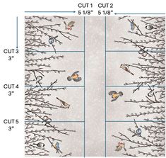 birds on branches with snow in the background and measurements for each piece of wallpaper