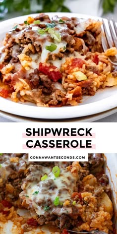 two plates with different types of casserole on them and the words shipwreck casserole above it