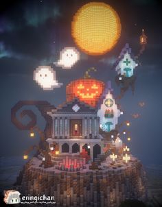 an image of a pixel art halloween scene with pumpkins and ghost on the roof