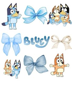 some cartoon animals with bows and the word bluy