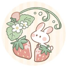 a drawing of a cat sitting next to two strawberries with leaves and flowers on them