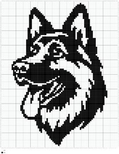 a black and white cross stitch pattern with a dog's head