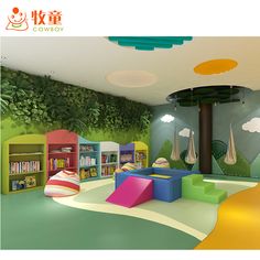 the children's playroom is decorated in green and yellow colors, with colorful furniture