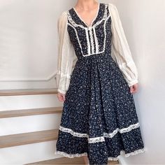 Vintage Gunne Sax Cottagecore Floral Dress Size 9 (Fits Me And I Am An Xs/S In Us Modern Sizes) Color Is A Navy Blue Floral Print Lace Details Does Have Some Discoloration And Some Imperfections On The Cuffs Offers Always Welcome This Vintage Gunne Sax Prairie Cottagecore Dress Is So Cute! Gunne Sax Dress Pattern, Gunne Sax Dress, Floral Cottagecore, Cottagecore Dress, Gunne Sax, Blue Floral Print, Lace Midi, Lace Midi Dress, Blue Cream