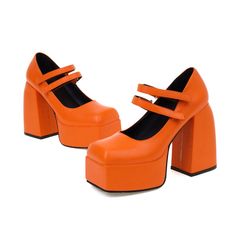 Shop Orange Platform Mary Janes Chunky Heel Twin Straps Square Toe Shoes color Orange for Anniversary, Big Day, Date with worldwide Free shipping & Free return. 80s Shoes 1980s Style, Orange Mary Jane Shoes, Retro Square Toe Platform Heels, Orange Platform Heels With Synthetic Material, Orange Y2k, Orange Leather Platform Heels, Orange Synthetic Platform Heels, Y2k Heels, Orange Stuff