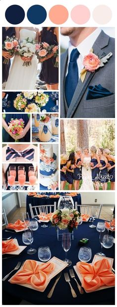 a collage of different pictures with orange and blue color scheme for the wedding party