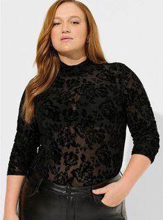 Flocked Mesh Mock Neck Long Sleeve TopFlocked Mesh Mock Neck Long Sleeve Top, DEEP BLACK Plus Size Black Lace Top, Plus Size Mesh Top Outfit, Dressy Clothes, Goth Fits, Corporate Goth, Mock Neck Shirt, Romantic Goth, Mock Neck Long Sleeve, Business Wear