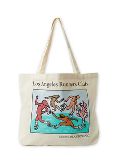 Join the movement with our Los Angeles Runners Club Graphic Tote Bag. Embrace the cream screen-printed tote featuring an authentic Coney Island Picnic design, designed to inspire the runner in you. Its spacious interior and twin carry handles make it perfect for all your needs, from back-to-school items to groceries. Show your dedication to an active lifestyle and carry your essentials with style and convenience using this versatile tote. 100% Cotton Canvas Screen printed Return Policy Shipping White Shoulder Bag With Logo Print, White Shoulder Bag With Logo For Everyday Use, Sporty White Canvas Tote Bag, White Screen Print Bags For Everyday Use, White Graphic Print Shoulder Bag For Travel, Farm Merch, Picnic Design, Graphic Tote Bag, Running Club