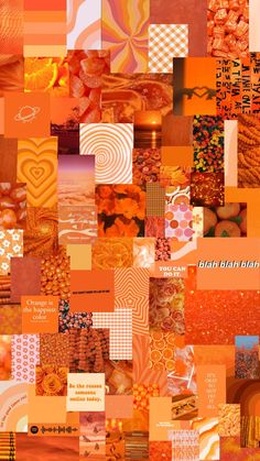 many different pictures are arranged together in an orange and yellow collage with words on them