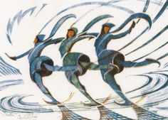 three men in blue suits are skating on the ice with their arms outstretched and feet spread out