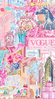 a collage of pink, blue and white artwork with the words vogitra on it