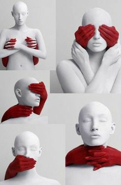 multiple shots of a mannequin with red scarf covering his face and hands over his eyes