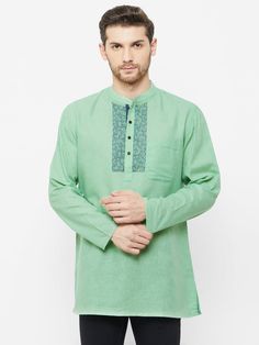 "this showcased Indian contemporary green color cotton textured short kurta with a digitally printed front yoke. This Indian loose shirt is exclusively made by The Designer PAVAN for men across the globe who like to \"celebrate Life\" with comfort and style.   The fabrics are guaranteed, hand-picked across the country in vivid textures, fine blends, or prints, each garment is made with high quality and detail styling with exotics embroidery or hand Painting for modern and trendy men & Women, to Indian Men, Short Kurta, Kurta Pyjama, Handloom Fabric, Indian Man, Loose Shirt, Cotton Texture, Loose Shirts, Designer Shorts