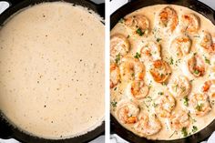 two pictures side by side, one with shrimp and the other with cream sauce in it