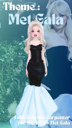 a barbie doll wearing a black and white dress with long blonde hair in front of a green background