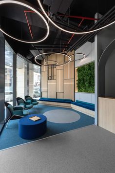 an office with blue chairs and green plants on the wall above them, along with circular lights hanging from the ceiling