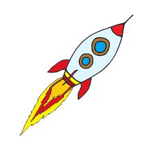 a cartoon rocket ship flying through the sky