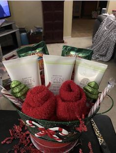 christmas gift basket with bath products and candy canes