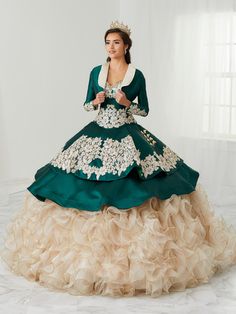 All eyes will be on you in this strapless charro ball gown with A-line ruffled skirt by House of Wu LA Glitter 24082. Make a bold statement in this gorgeous sweetheart neckline three-piece ball gown. The bodice is accented with corset boning, beaded appliques and the neckline is trimmed with beaded lace. Note: Matching bolero jacket Style #24082J is sold separately for $100 USD. House of Wu LA Glitter Designers Collection: Fall 2021 Style Number: 24082 Fabric: Mikado/Organza/Tulle Colors: Champa Quinceanera Dresses Mexican Charra Green, Light Green Charro Quince Dress, Gold Charro Quinceanera Dresses, Gold Quinceanera Dresses Charro, Green Ball Gown Dress, Yellow Charro Quinceanera Dress, Quinceanera Accessories, Charro Quinceanera Dresses, Green Ball Gown