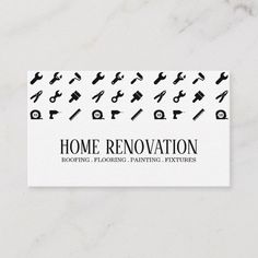 a business card with the words home renovation in black and white on top of it