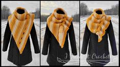 three different views of a woman's coat with an orange scarf on it, in the snow